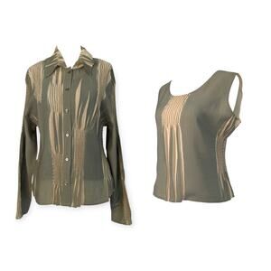 Sage & Tan Crinkle Matching blouse & Button-down shirt
